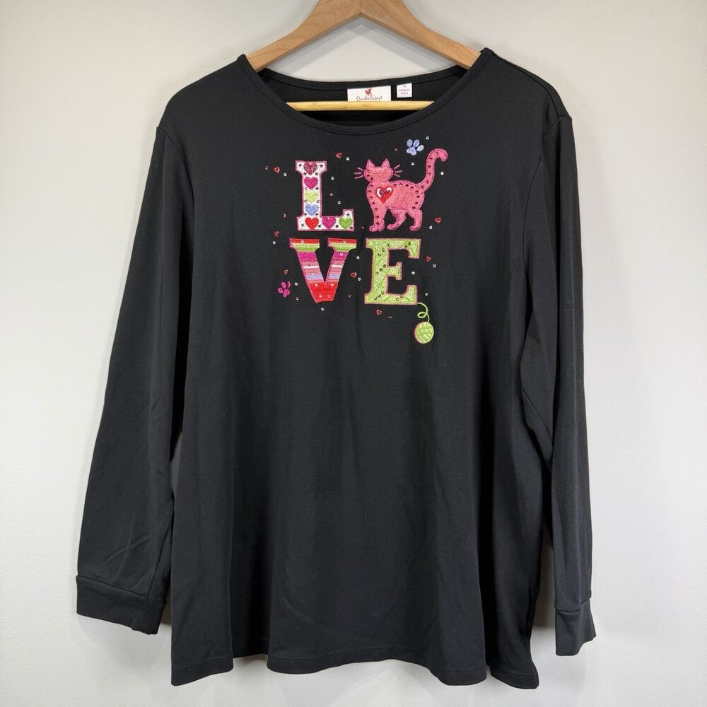 Quacker Factory 1X Love My Pet Cat Embroidered Beaded Long Sleeves Top Black